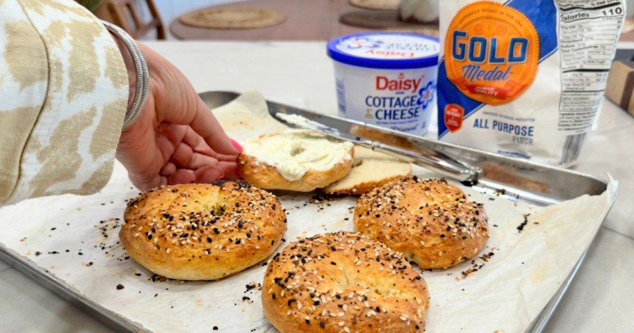 cottage cheese bagels on a baking sheet pan 
