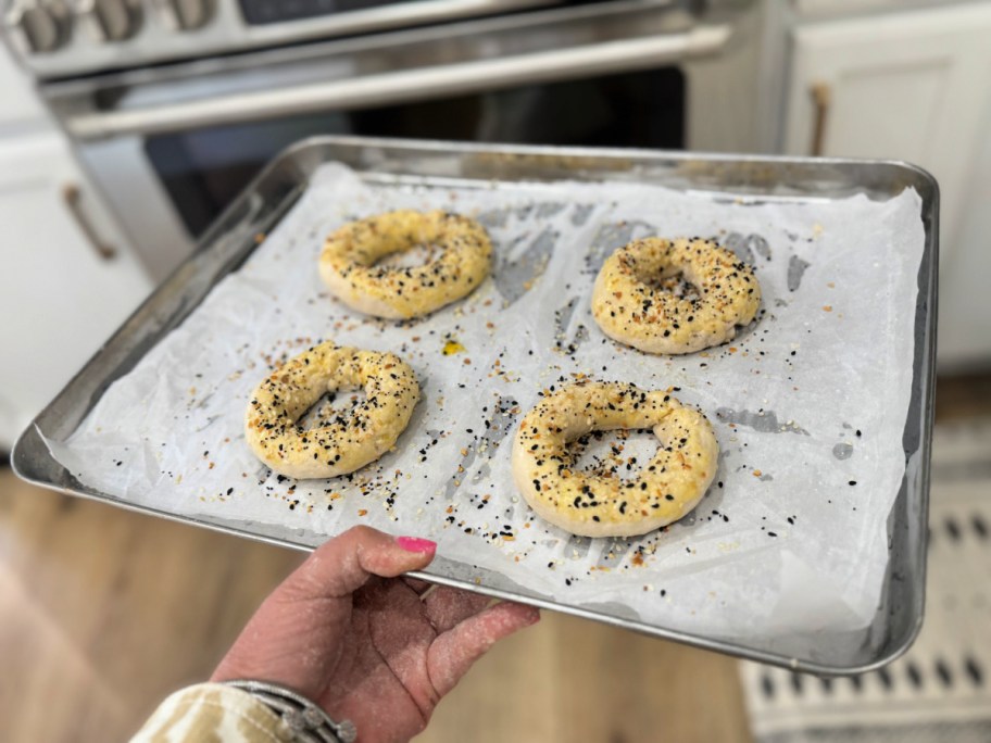 cottage cheese bagels on a sheet pan with everything bagel seasoning 