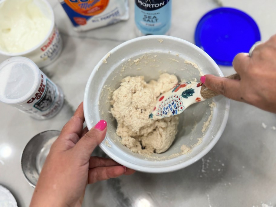 cottage cheese dough in a mixing bowl