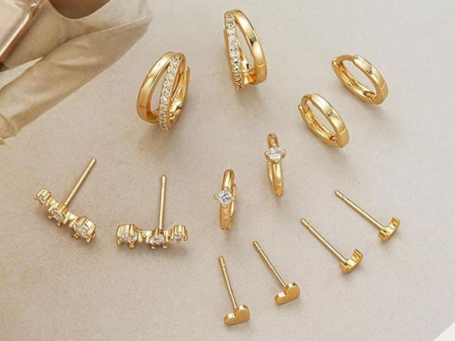 Faxhion 14K Small Gold Hoop Earring Set on display