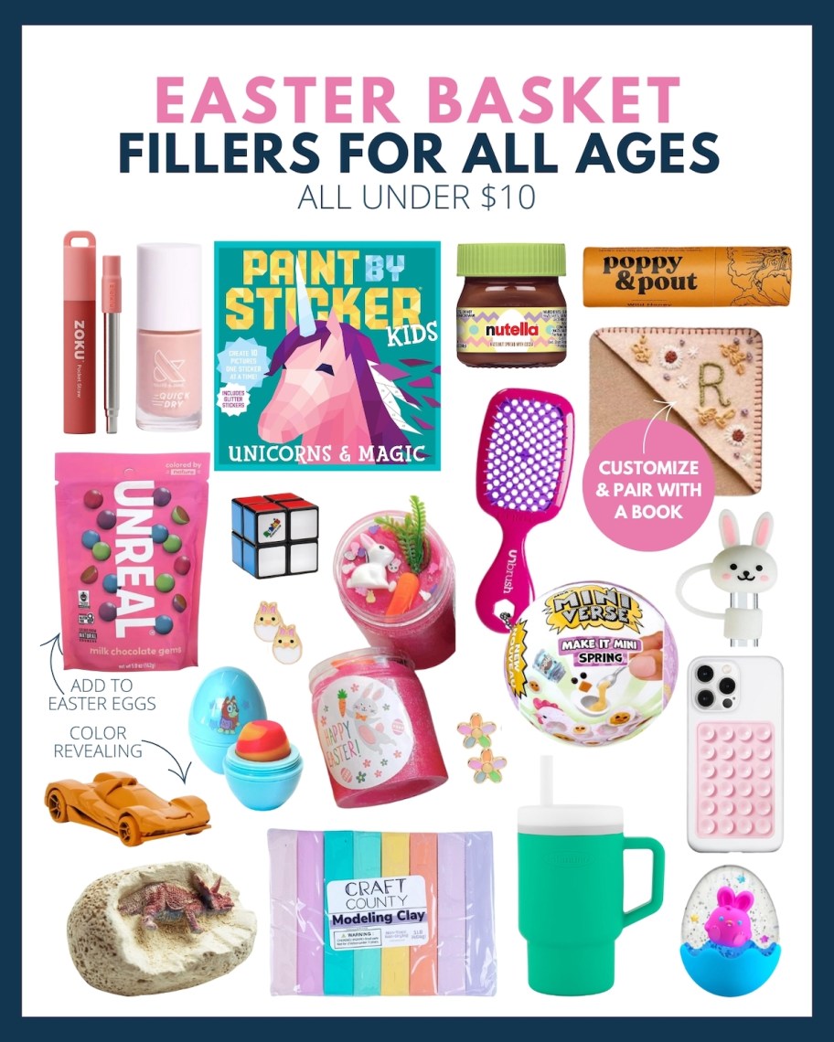collage of easter basket stuffers under $10