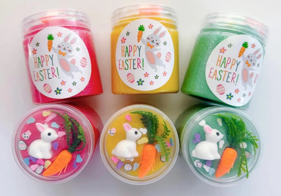pink yellow blue easter bunny slime bottles