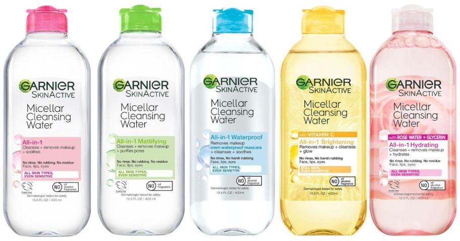five Garnier SkinActive Micellar Water bottle stock images
