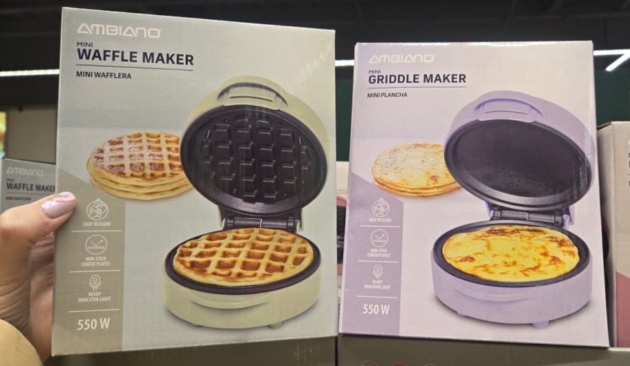 hand holding Ambiano Mini Waffle Maker in two differnt colors