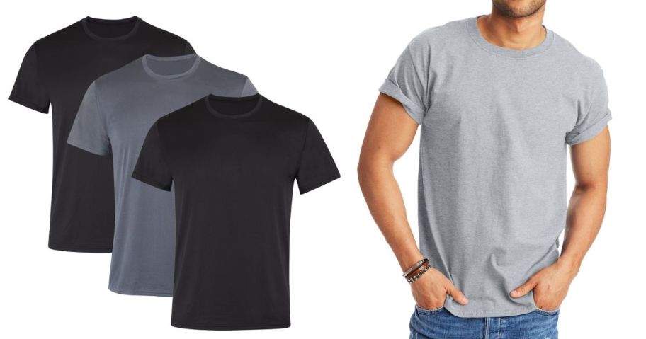 a stock image a hanes men's 3 pack of shirts next to a man wearing a hanes shirt