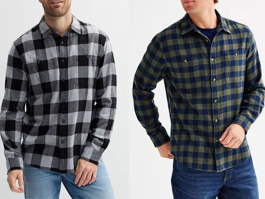 Stock images of two men wearing Sonoma Goods For Life Men's Supersoft Flannel Button-Down Shirts
