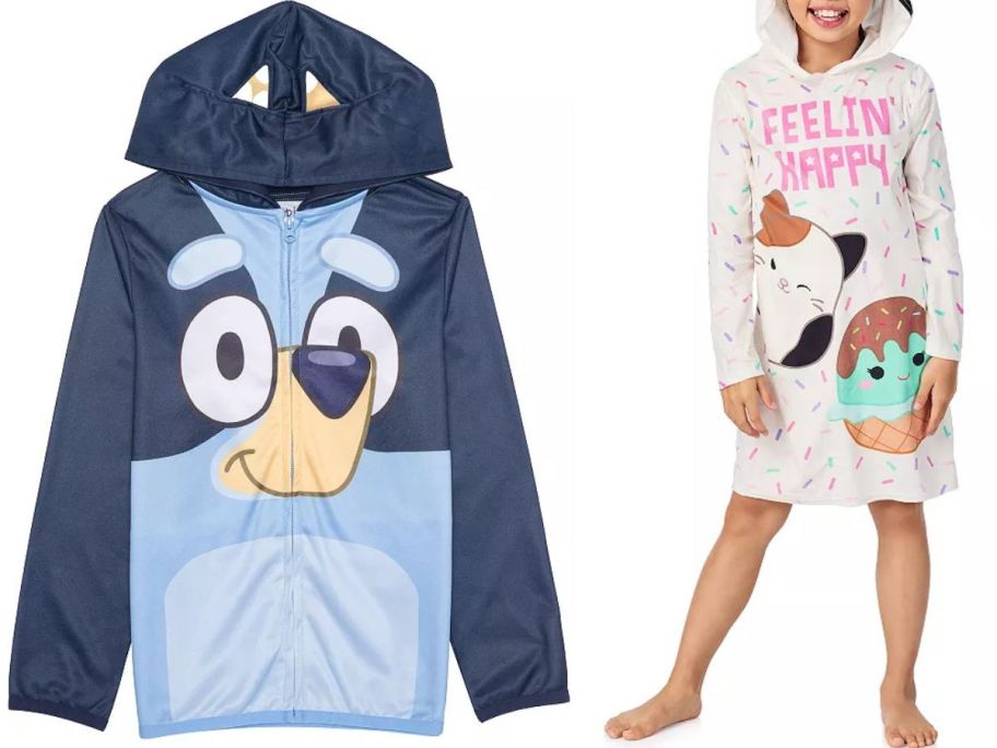 Stock images of a Bluey Kids Cosplay Hoodie and a Little girls wearing a Squishmallows nightgown