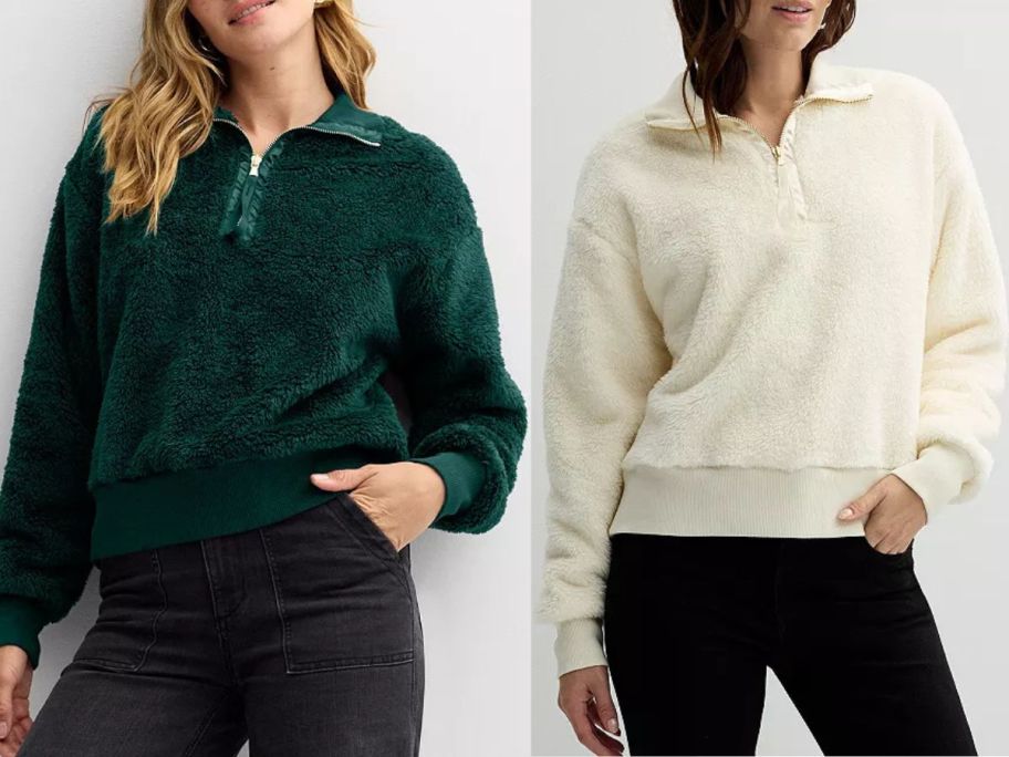 Stock images of two women wearing Sonoma Goods For Life Women's Cozy Quarter Zip Pullover