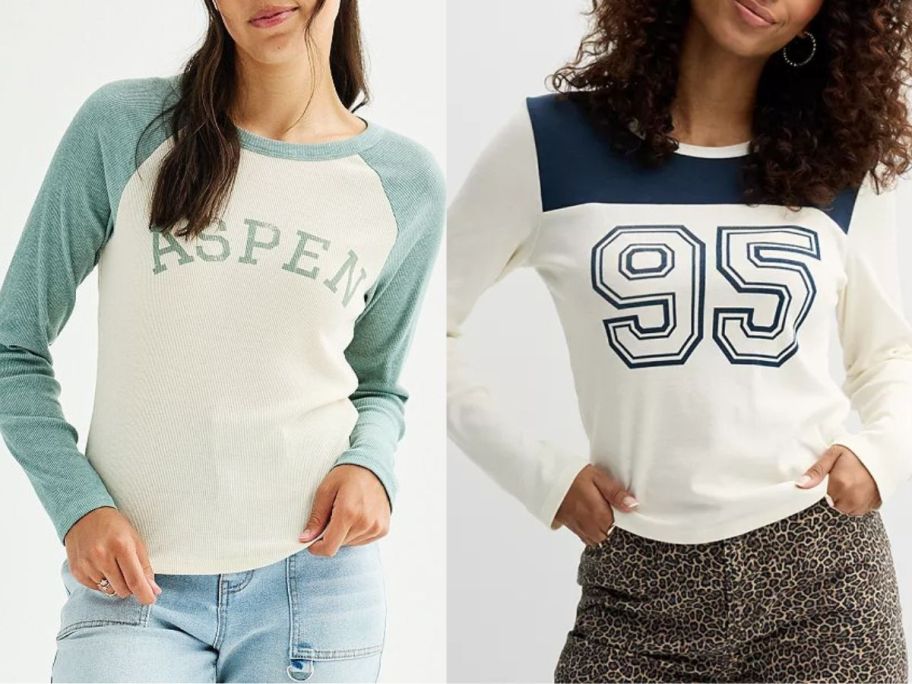 Stock images of two teen girls wearing Pink Rose Juniors Long Sleeve Rib Tops