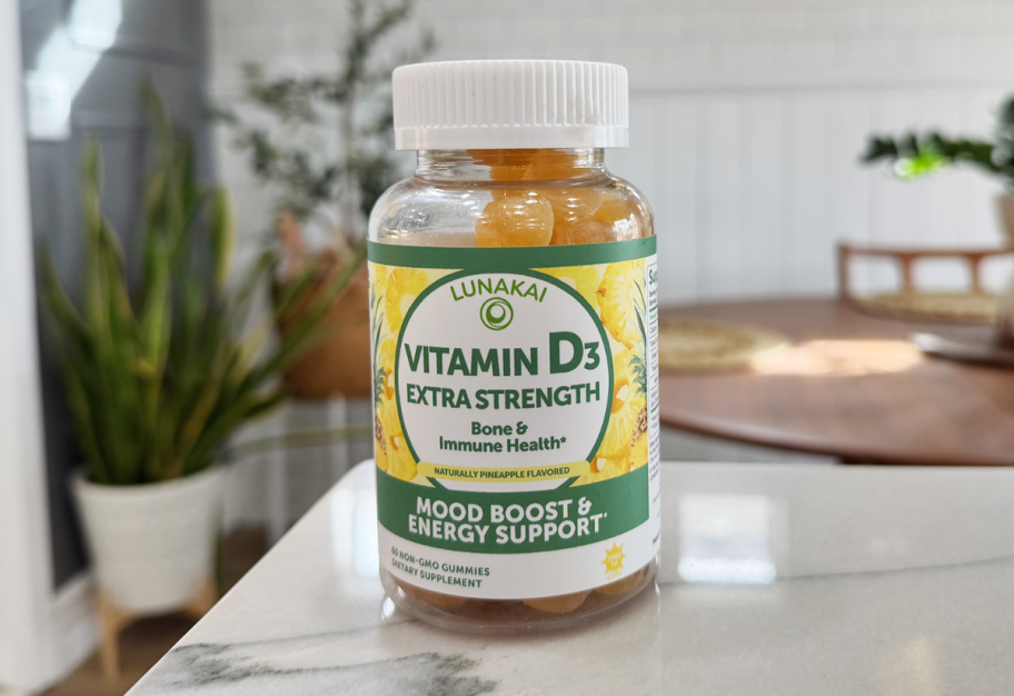 bottle of D3 gummies on counter