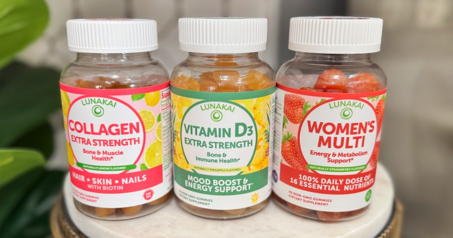bottles of gummie supplements on a tray