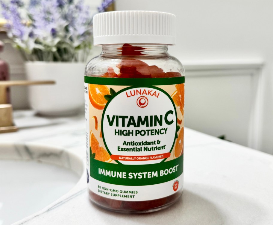 bottle of vitamin c gummies on a counter