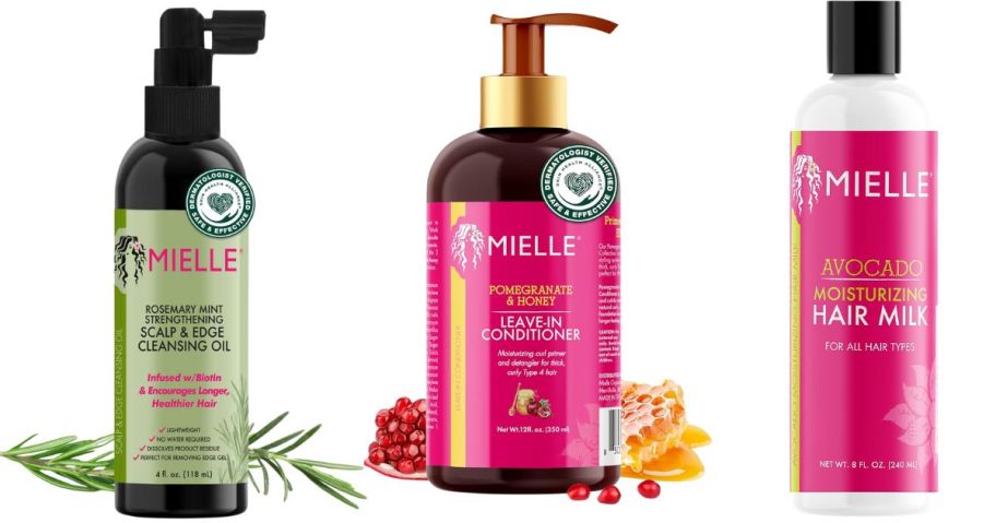 Mielle Organics Rosemary & Mint Scalp & Edge Cleansing Hair Oil 4oz, Mielle Organics Pomegranate & Honey Leave-In Conditioner 12oz, and Mielle Organics Avocado Hair Milk 8oz