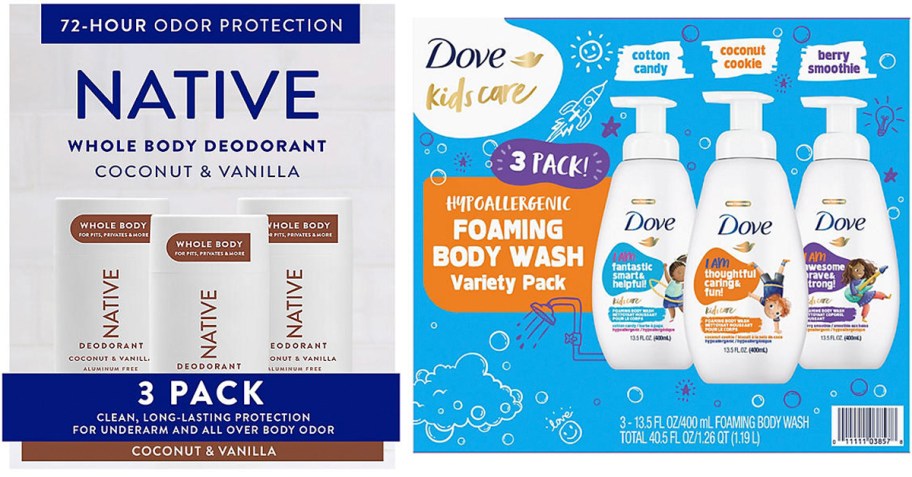 native deodorant and dove body wash packs