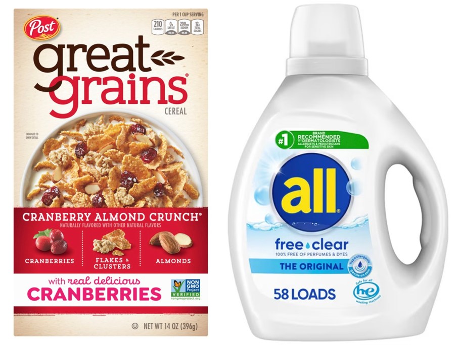 post great grains cereal and all sensitve laundry detergent