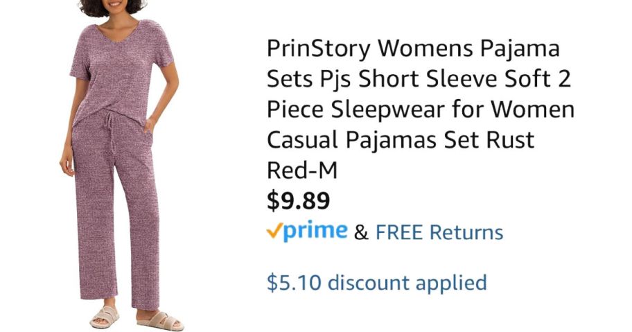 woman wearing purple pajamas next to Amazon pricing information