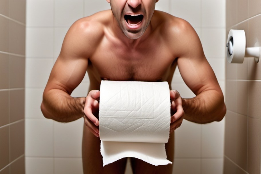 muscular man holding large roll of toilet paper