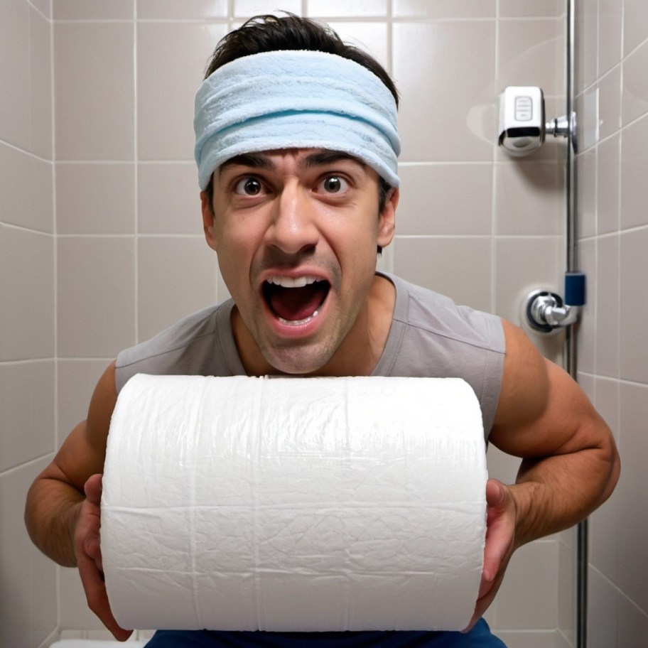 man with workout band on head holding extra large roll of toilet paper