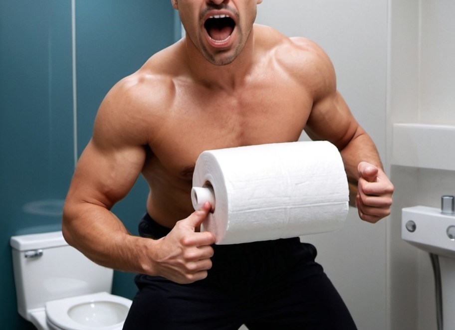 guy holding extra large roll of toilet paper