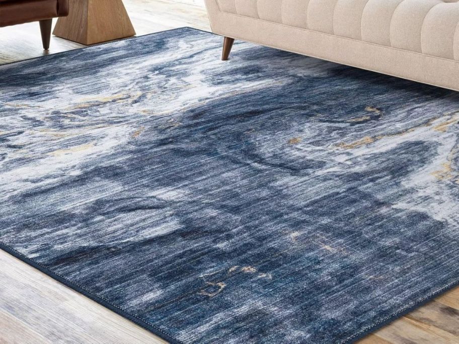 navy blue and white rug in living room