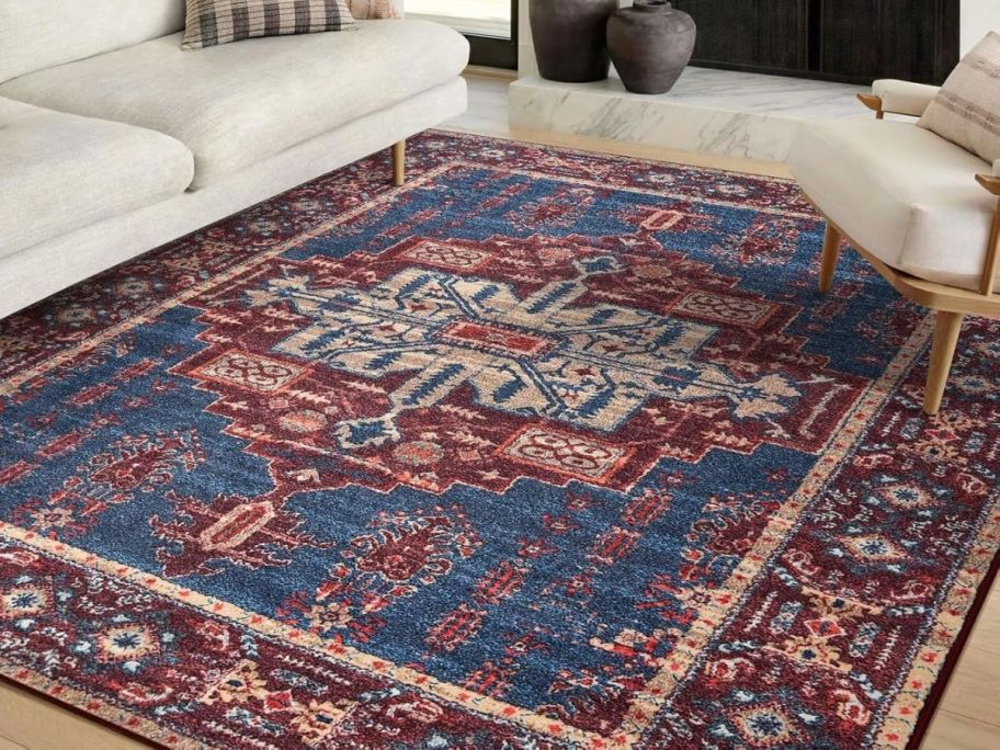 red and blue printed rug in living room