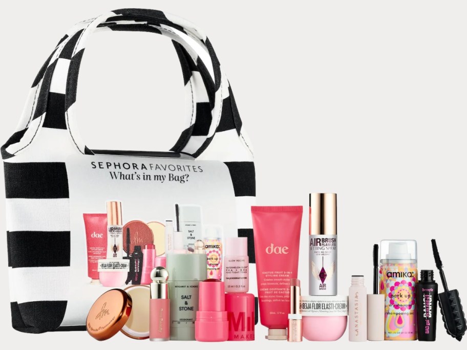 a Sephora Favorites kit box with beauty products in front of it