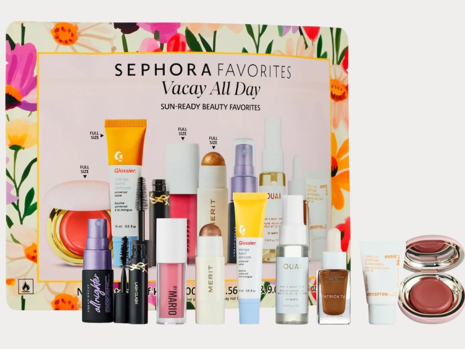 a Sephora Favorites kit box with beauty products in front of it