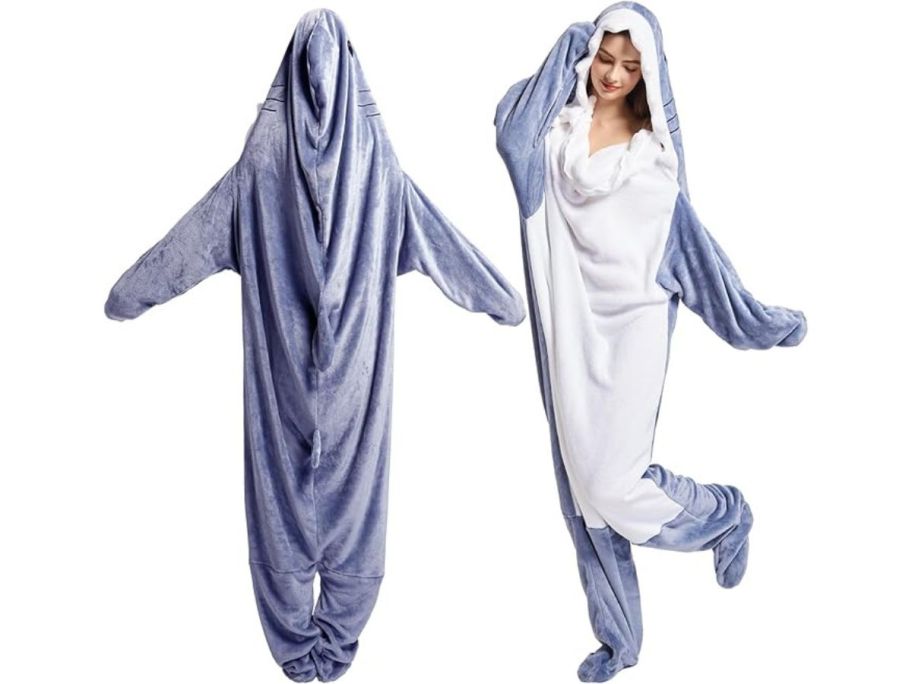 two people wearing a Shark onesie blanket