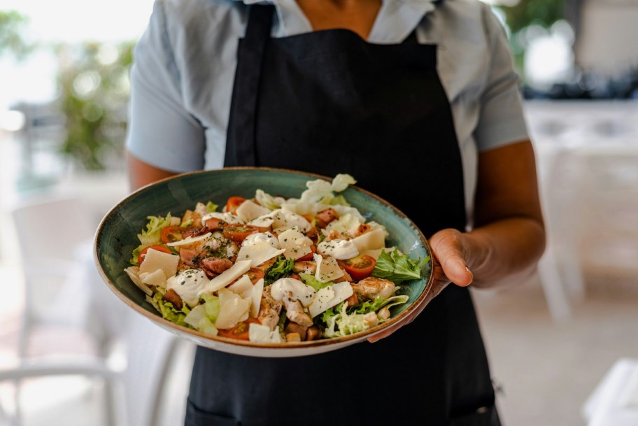server holding bowl of salad