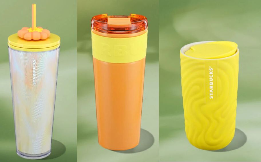 3 reusable Starbucks cups on a green background