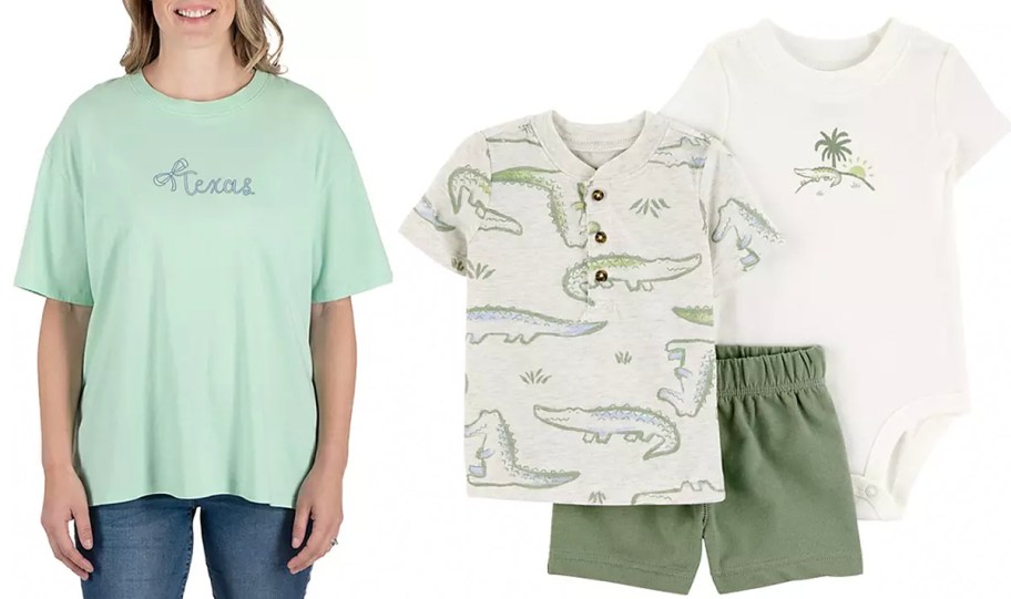 woman wearing green shirt and 3 piece carters set