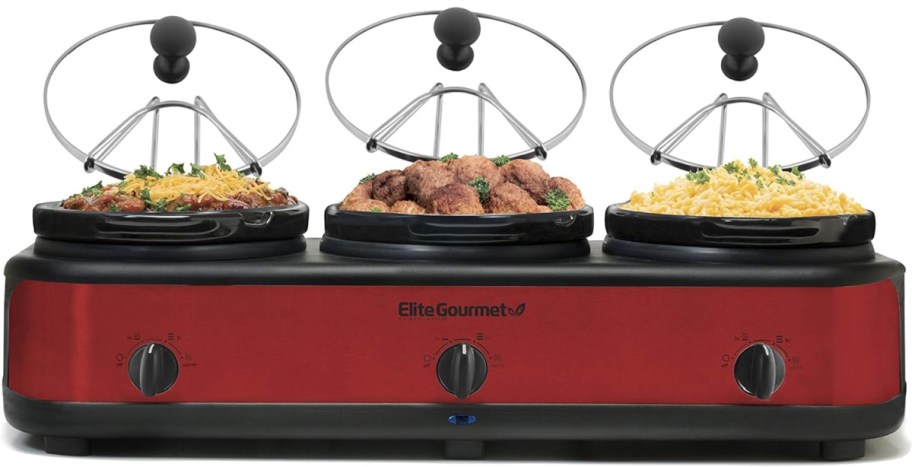 stock images of Elite Gourmet EWMST-325R Maxi-Matic Triple Slow Cooker Buffet