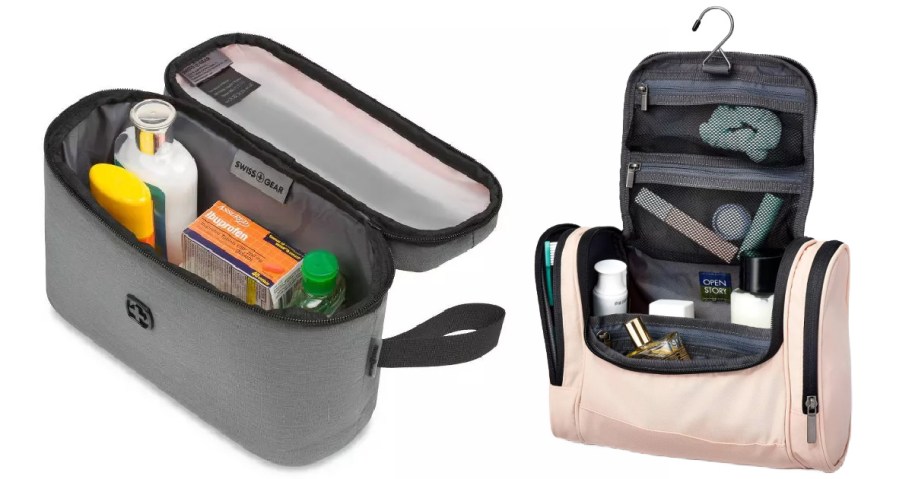gray swiss gear and pink open story travel bags open to show contents