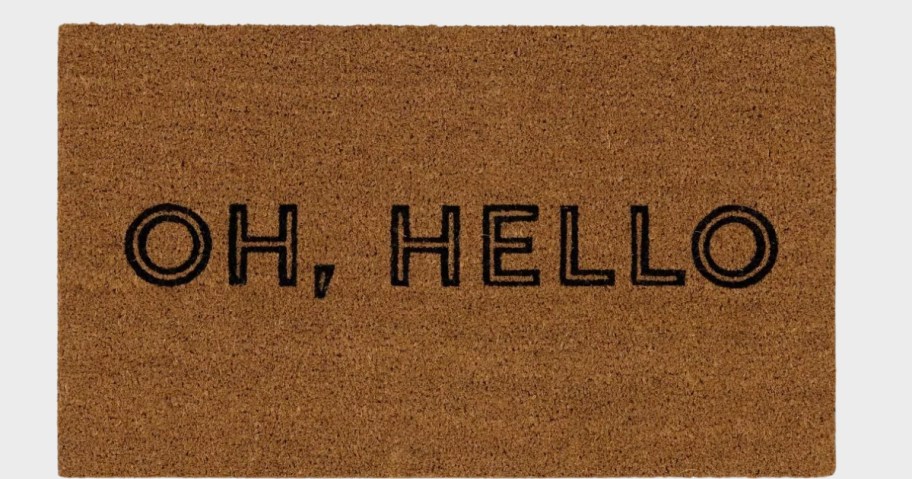 coir doormat with the words "Oh, Hello" printed on it