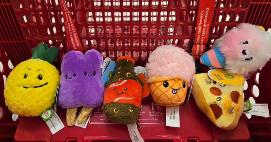 various food themed plush toys in a Target cart