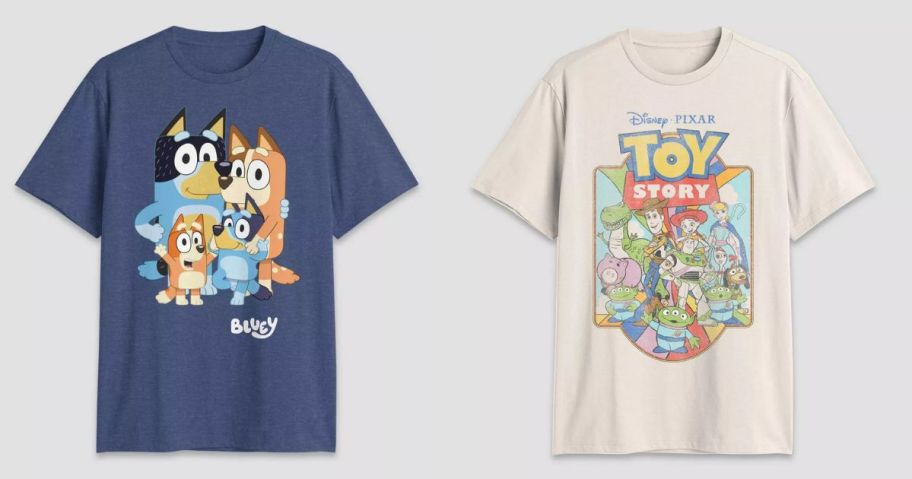 a men's bluey and toy story shirt stock images