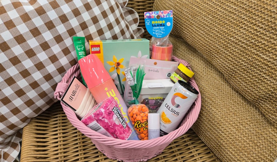 pink easter basket filled with stuff