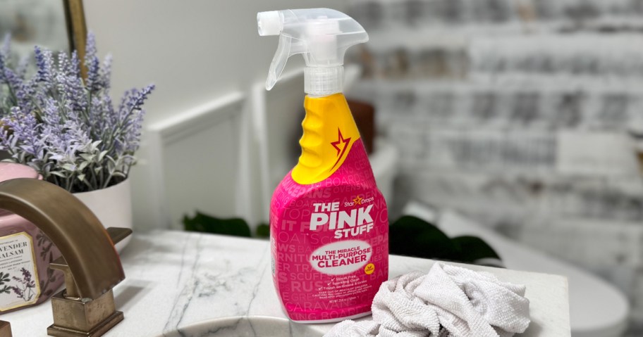 bottle of multi-purpose cleaner on bathroom counter