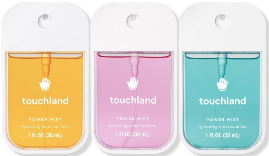 three different varieties of touchland hand sanitizer