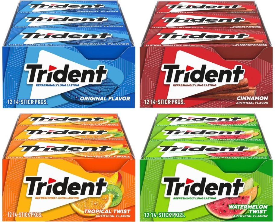 Four 12 pack boxes of trident gum in Tropical twist, watermelon twist, original, and cinnamon