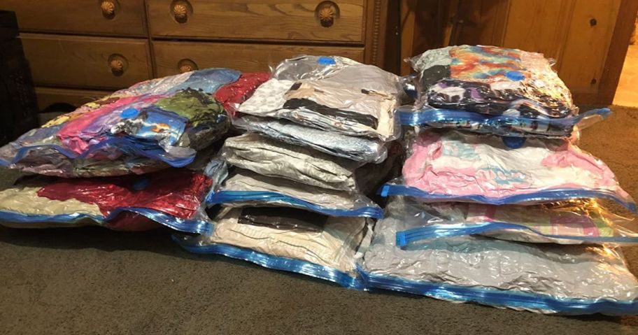 Vacuum Storage Bags on floor filled with clothing