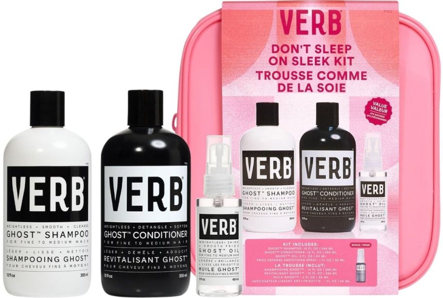 a four piece verb ghost hair care kit with shampoo conditioner and 2 styling products