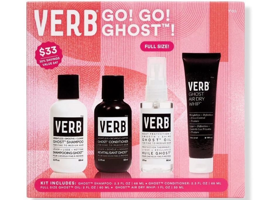 a four piece verb ghost hair care kit with shampoo conditioner and 2 styling products