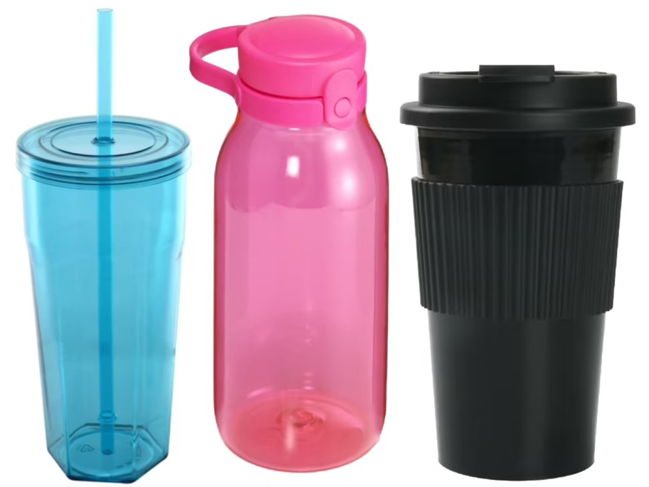 blue tumbler pink bottle and black coffee cup