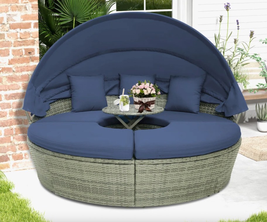 blue round wicker patio couch