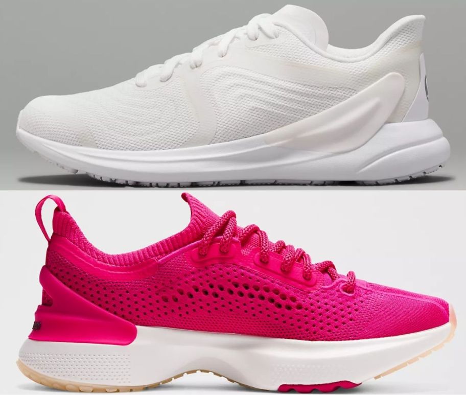 a bright pink sneaker and a white sneaker