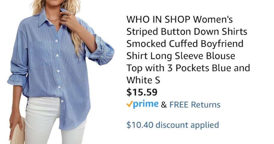 woman wearing striped button down shirt next to Amazon pricing information