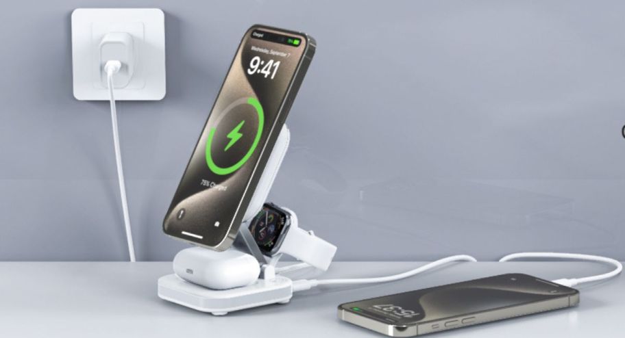 wireless charger with two phones, apple watch and charger on the side
