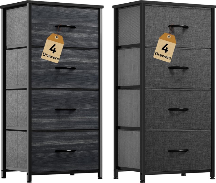 two four drawer grey dressers side by side