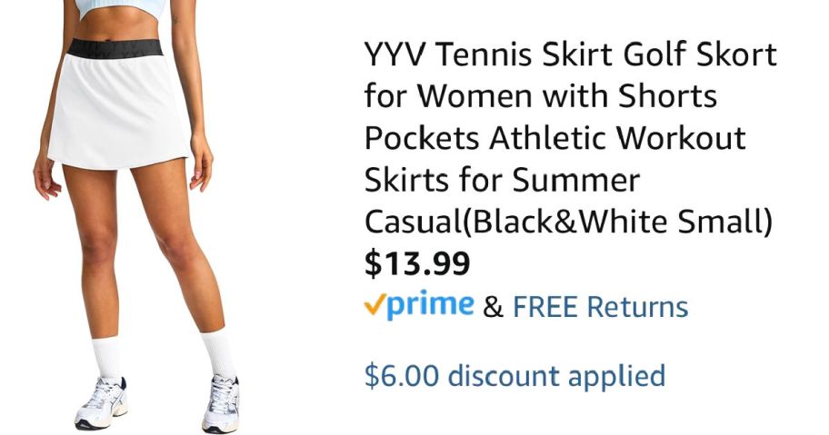 woman wearing white tennis skirt next to Amazon pricing information